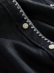 Black with White Stitch 100% Linen Button Down Relaxed Long Sleeve Shirt - Image 6 of 7