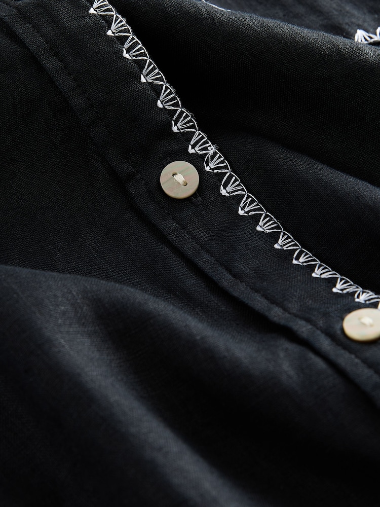 Black with White Stitch 100% Linen Button Down Relaxed Long Sleeve Shirt - Image 6 of 7