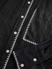 Black with White Stitch 100% Linen Button Down Relaxed Long Sleeve Shirt - Image 7 of 7