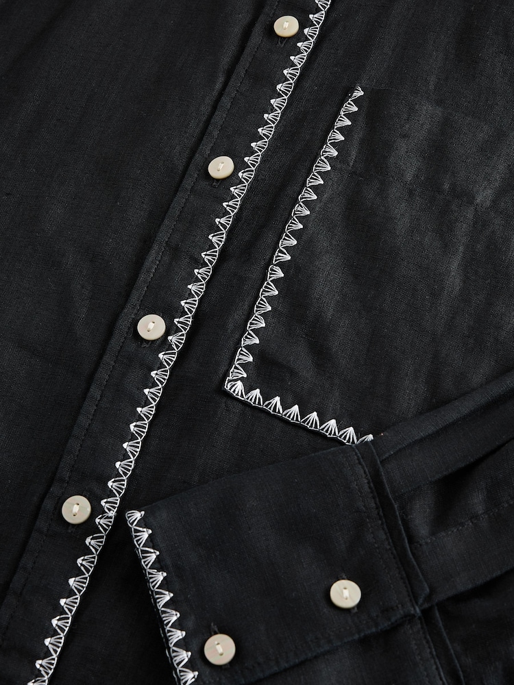Black with White Stitch 100% Linen Button Down Relaxed Long Sleeve Shirt - Image 7 of 7