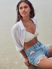 Mid Blue 100% Cotton Crochet Denim Shorts - Image 1 of 9