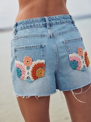 Mid Blue 100% Cotton Crochet Denim Shorts - Image 3 of 9