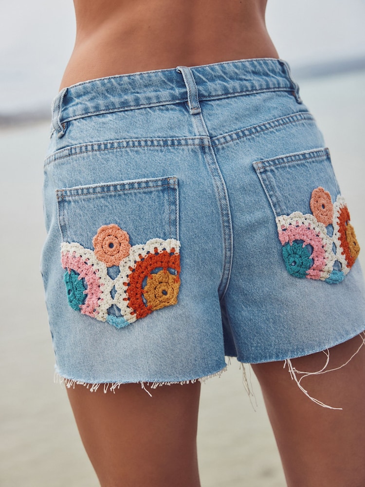 Mid Blue 100% Cotton Crochet Denim Shorts - Image 3 of 9