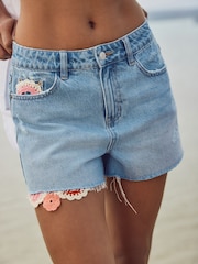 Mid Blue 100% Cotton Crochet Denim Shorts - Image 4 of 9
