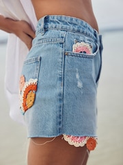 Mid Blue 100% Cotton Crochet Denim Shorts - Image 5 of 9