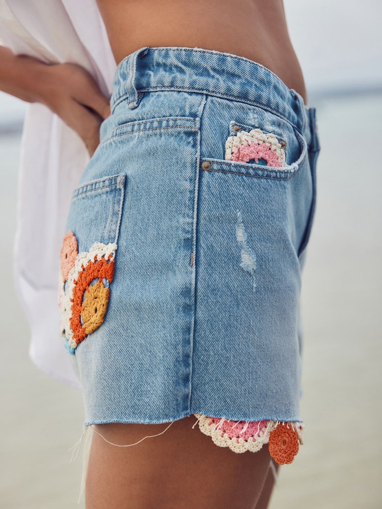 Mid Blue 100% Cotton Crochet Denim Shorts - Image 5 of 9