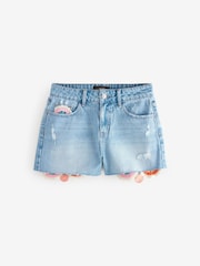 Mid Blue 100% Cotton Crochet Denim Shorts - Image 6 of 9