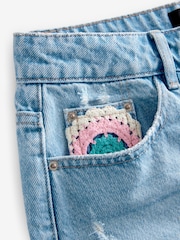 Mid Blue 100% Cotton Crochet Denim Shorts - Image 7 of 9