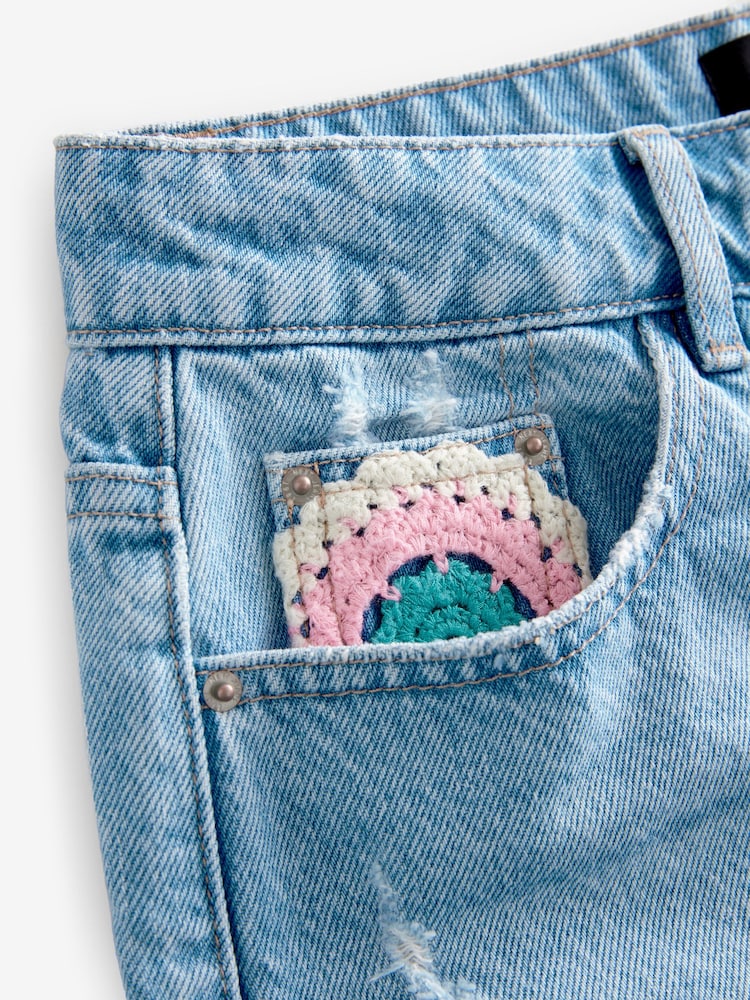 Mid Blue 100% Cotton Crochet Denim Shorts - Image 7 of 9