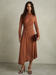 Reiss Camel Casey Petite Draped Jersey Midi Dress - Image 1 of 6