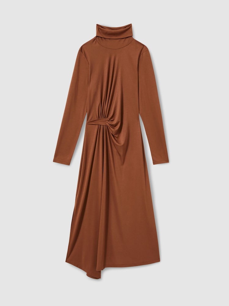 Reiss Camel Casey Petite Draped Jersey Midi Dress - Image 2 of 6