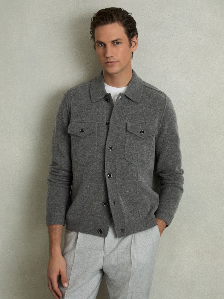 Reiss Charcoal Flinch Wool Button Through Knitted Jacket - Image 1 of 6