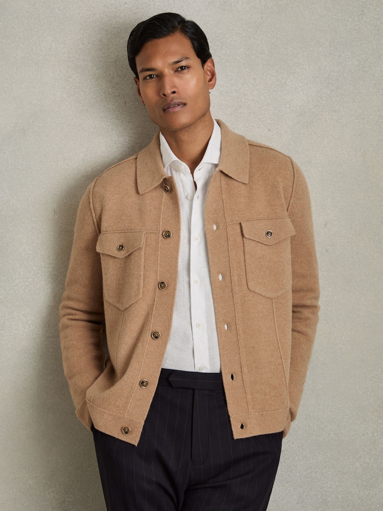 Reiss Camel Melange Flinch Wool Button Through Knitted Jacket - Image 1 of 6