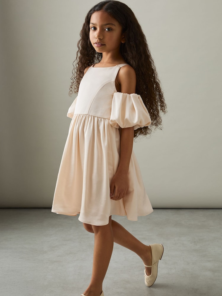 Reiss Ivory Christelle 13-14 yrs Sateen Puff-Sleeve Bridesmaid Dress - Image 2 of 5
