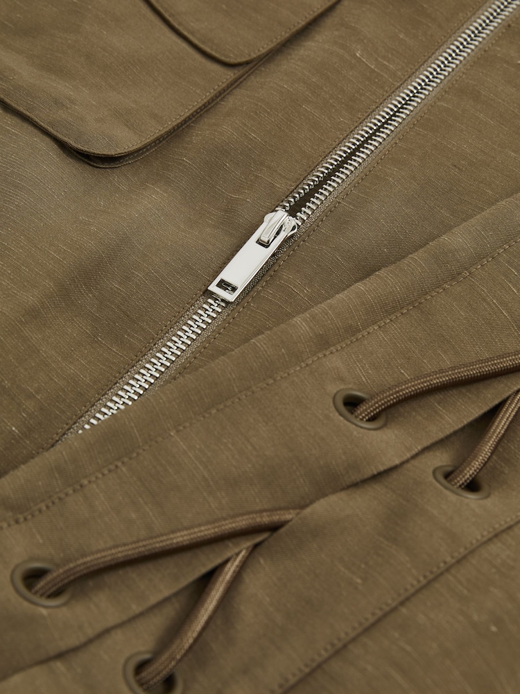 Reiss Khaki Essie Utility Zip-Through Mini Dress With Linen - Image 9 of 9
