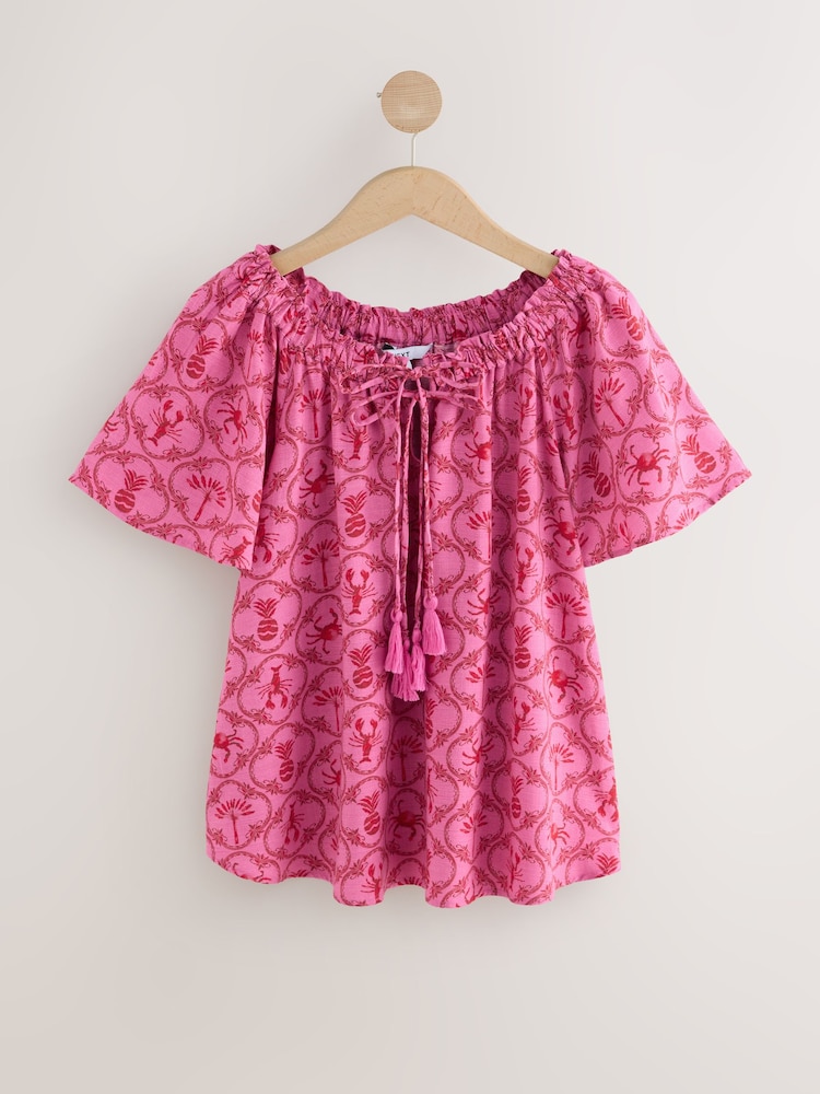 Pink/Red Lobster Print Short Sleeve Tie Neck Bardot Top - Image 1 of 3