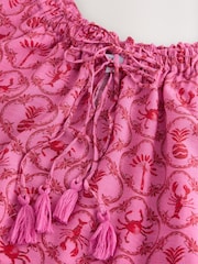 Pink/Red Lobster Print Short Sleeve Tie Neck Bardot Top - Image 3 of 3