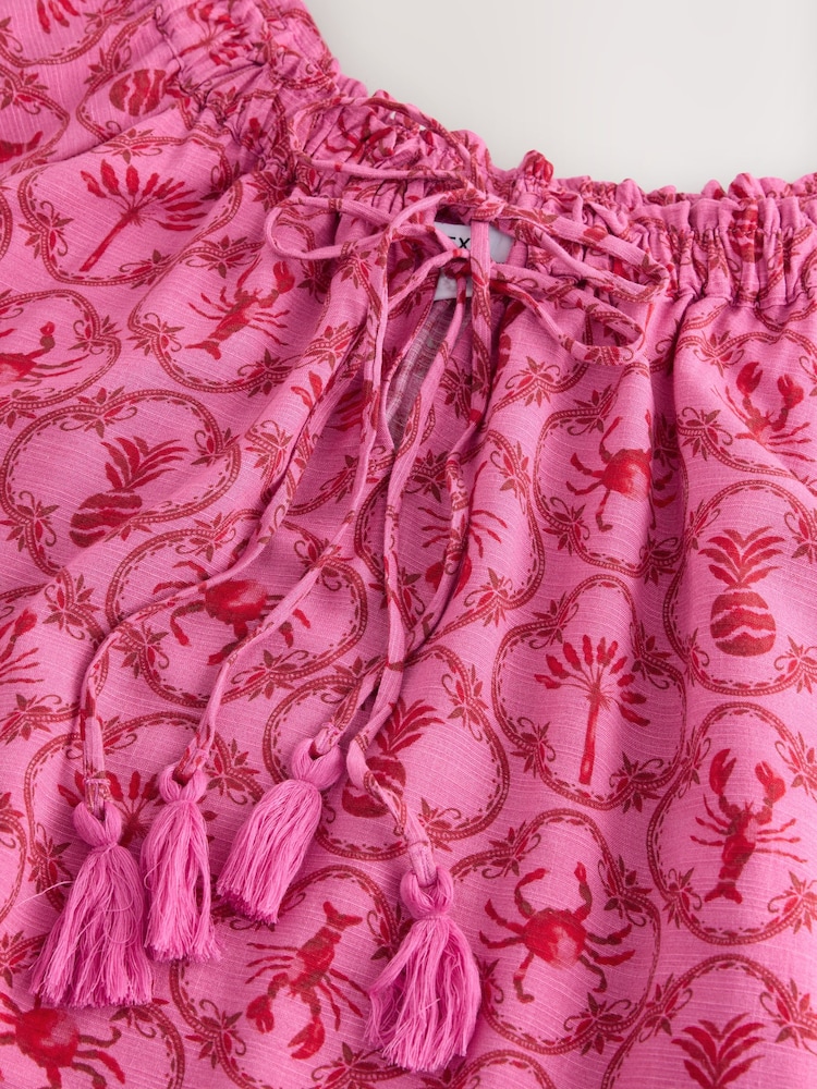 Pink/Red Lobster Print Short Sleeve Tie Neck Bardot Top - Image 3 of 3