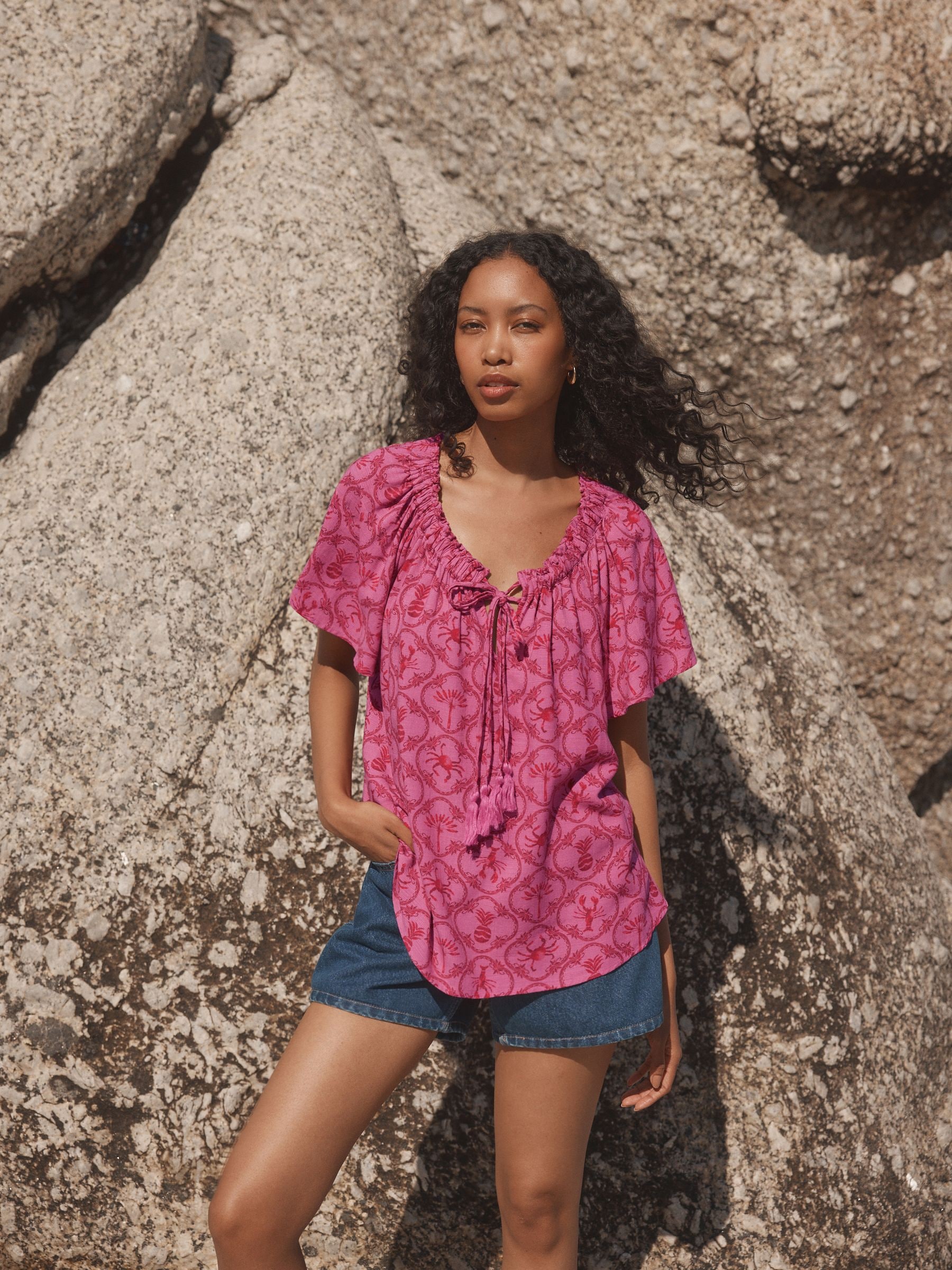 Buy Pink/Red Lobster Print Short Sleeve Tie Neck Bardot Top from