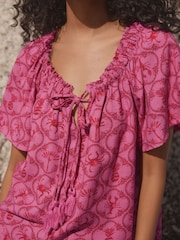 Pink/Red Lobster Print Short Sleeve Tie Neck Bardot Top With Linen - Image 4 of 7