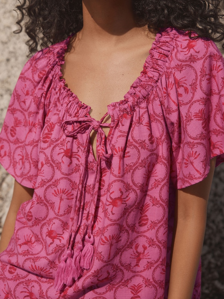 Pink/Red Lobster Print Short Sleeve Tie Neck Bardot Top With Linen - Image 4 of 7