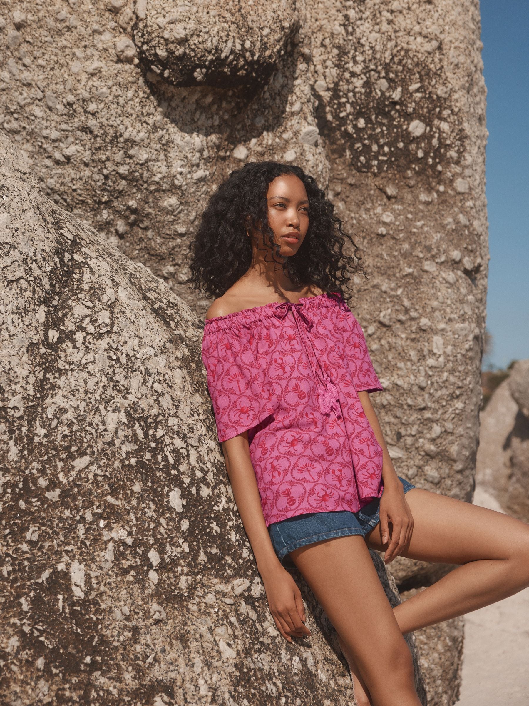 Buy Pink/Red Lobster Print Short Sleeve Tie Neck Bardot Top from
