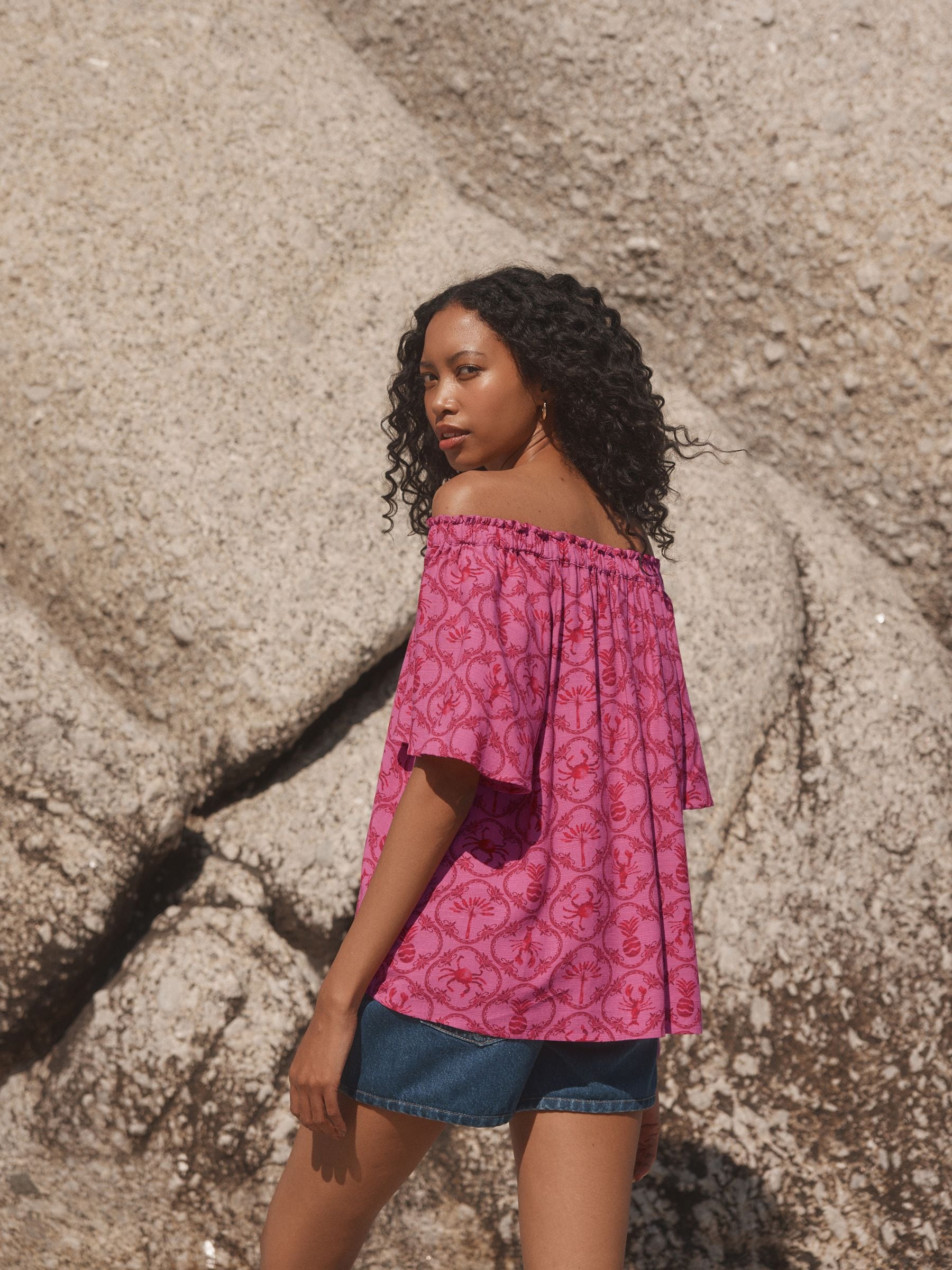 Buy Pink/Red Lobster Print Short Sleeve Tie Neck Bardot Top from