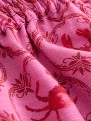 Pink/Red Lobster Print Short Sleeve Tie Neck Bardot Top With Linen - Image 6 of 7