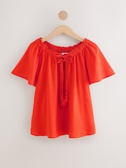 Red Short Sleeve Tie Neck Bardot Top - Image 1 of 7