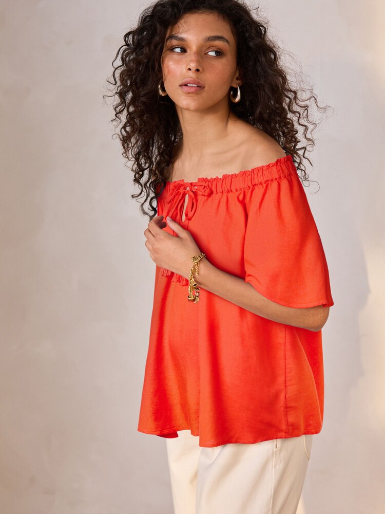 Red Short Sleeve Tie Neck Bardot Top - Image 1 of 7