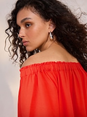 Red Short Sleeve Tie Neck Bardot Top - Image 3 of 7