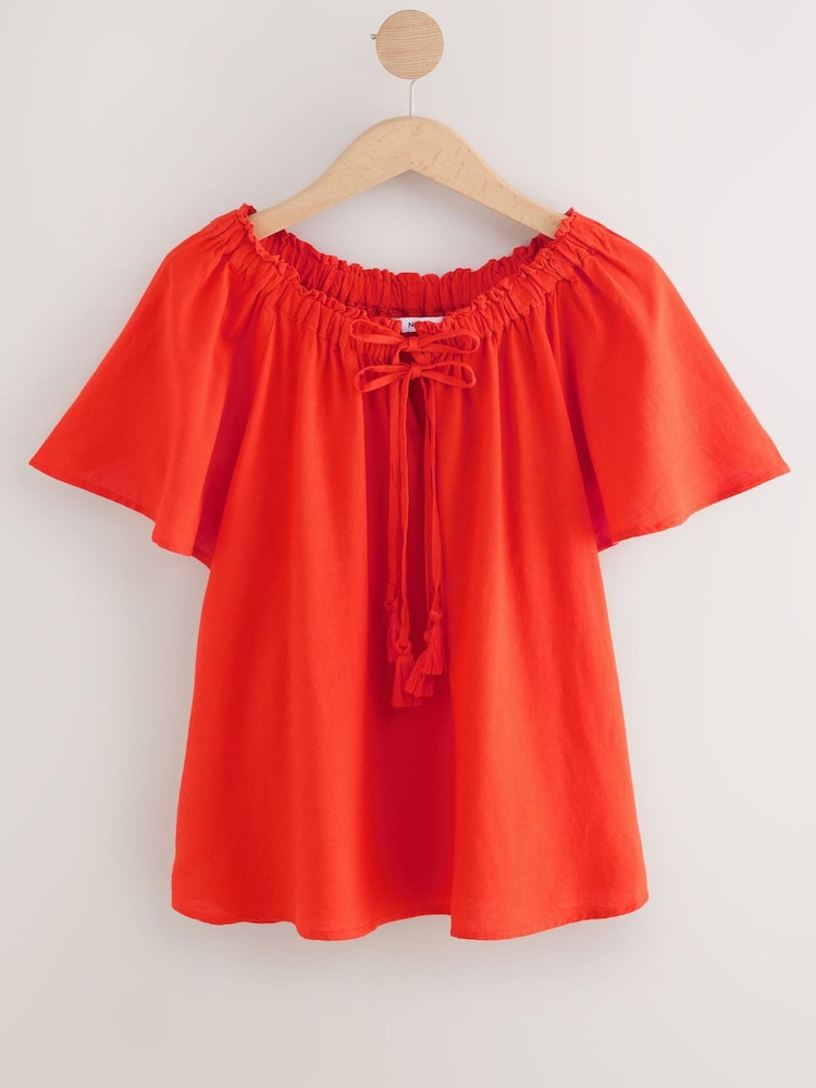 Red Short Sleeve Tie Neck Bardot Top - Image 7 of 7