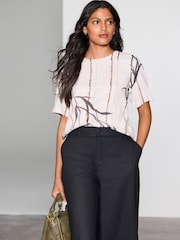 Cream/ Neutral Palm Print Short Sleeve Boxy T-Shirt with Linen - Image 1 of 7