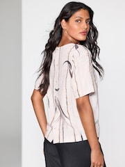 Cream/ Neutral Palm Print Short Sleeve Boxy T-Shirt with Linen - Image 4 of 7