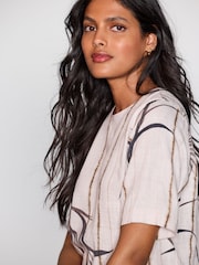 Cream/ Neutral Palm Print Short Sleeve Boxy T-Shirt with Linen - Image 5 of 7