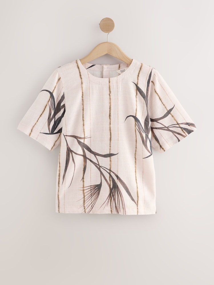 Cream/ Neutral Palm Print Short Sleeve Boxy T-Shirt with Linen - Image 6 of 8
