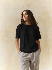 Black Short Sleeve Boxy T-Shirt with Linen - Image 1 of 6