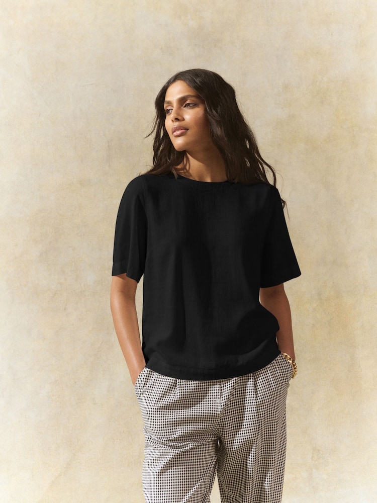 Black Short Sleeve Boxy T-Shirt with Linen - Image 1 of 6