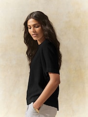 Black Short Sleeve Boxy T-Shirt with Linen - Image 2 of 6