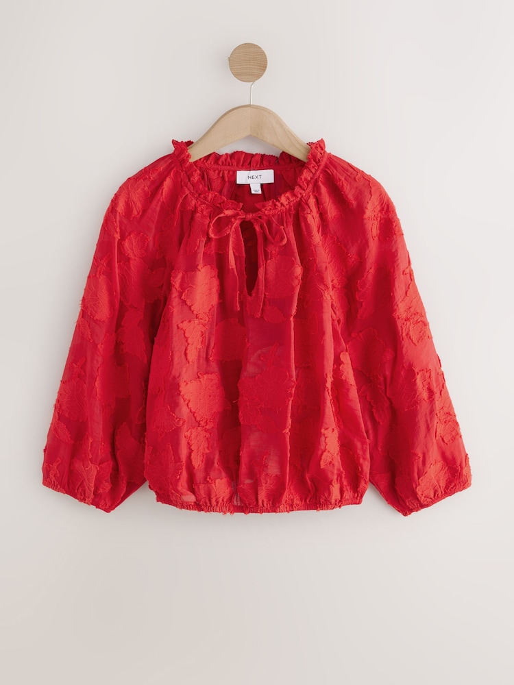 Red Jaquard Floral Bubblehem Blouse - Image 1 of 3 Red Jaquard Floral Bubblehem Blouse - Image 1 of 3