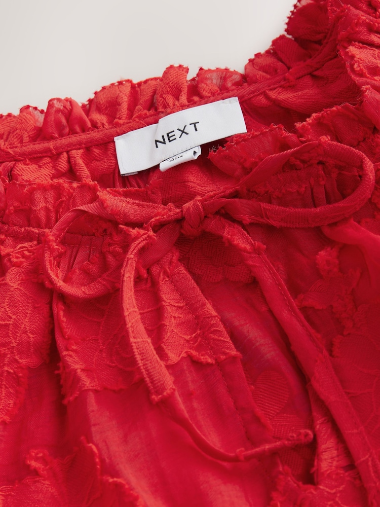 Red Jaquard Floral Bubblehem Blouse - Image 2 of 3 Red Jaquard Floral Bubblehem Blouse - Image 2 of 3