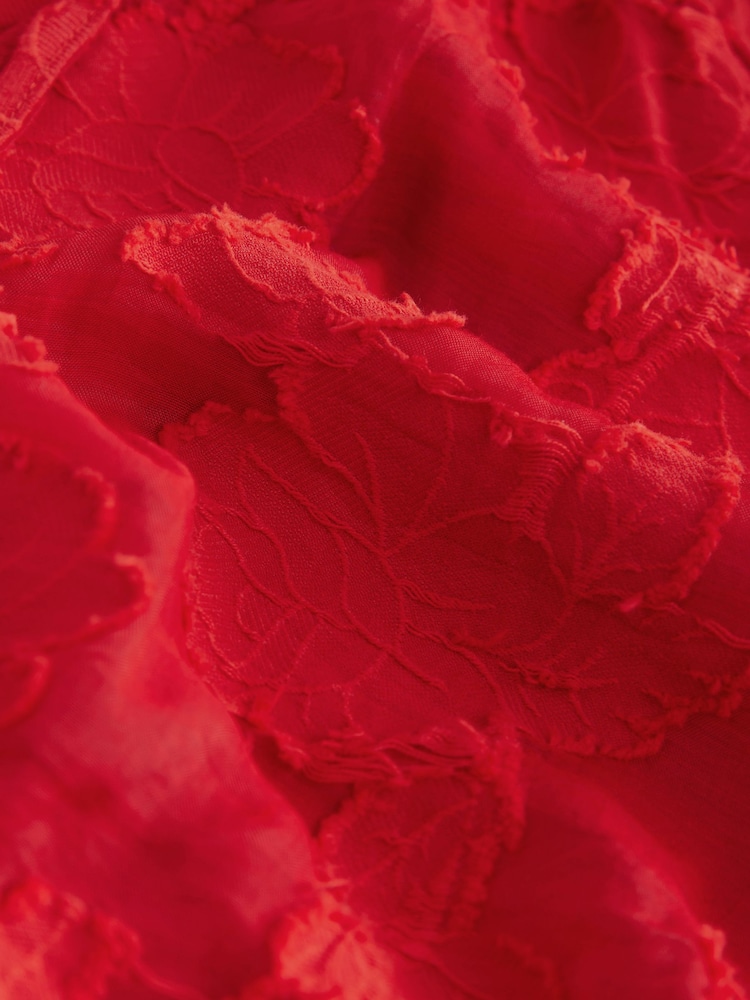 Red Jaquard Floral Bubblehem Blouse - Image 3 of 3 Red Jaquard Floral Bubblehem Blouse - Image 3 of 3