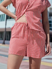 Rot/Weiß gestreift - Elasticated Tie Waist Shorts with Linen - Image 4 of 7