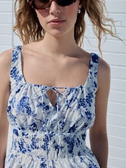 White/Blue Floral Smock Detail Tie Front Cami - Image 3 of 7