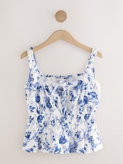 White/Blue Floral Smock Detail Tie Front Cami - Image 5 of 7