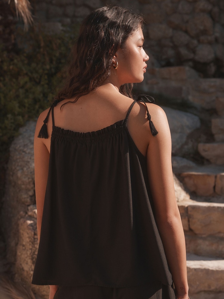 Black Tassel Strappy Cami With Linen - Image 2 of 6