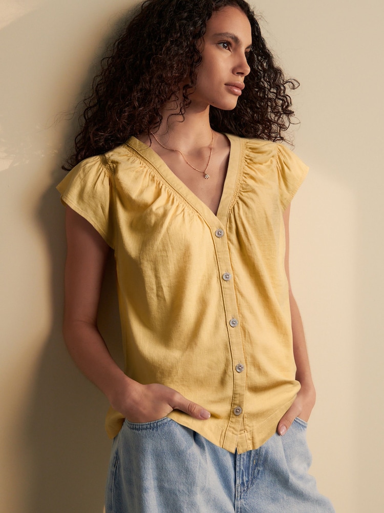 Lemon Yellow Button Down Ruffle Sleeve Top With Linen - Image 1 of 6