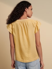 Lemon Yellow Button Down Ruffle Sleeve Top With Linen - Image 3 of 6