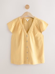 Lemon Yellow Button Down Ruffle Sleeve Top With Linen - Image 4 of 6