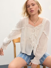Branco - Blusa de manga comprida estilo pradaria 100% algodão com gravata ajustável - Imagem 2 de 4